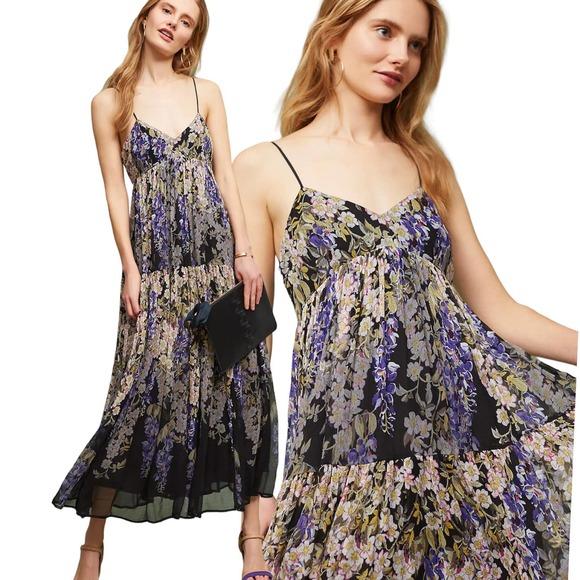 Anthropologie Purple Floral Maxi Patch Layer Strappy V-Neck Black Maxi Dress | 2 - Picture 12 of 12